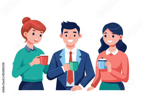 Happy business people taking a coffee break at work white background modern flat design simple vector illustration isolated transparent background