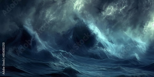 Photo of a huge wave in the ocean at night time, with a misty with a dramatic and stormy sky. This illustrates the concept of extreme weather and the climate crisis. photo
