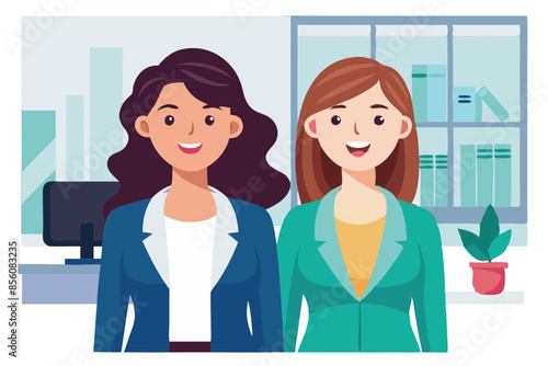 Young businesswomen smiling together in modern office white background modern flat design simple vector illustration isolated transparent background;