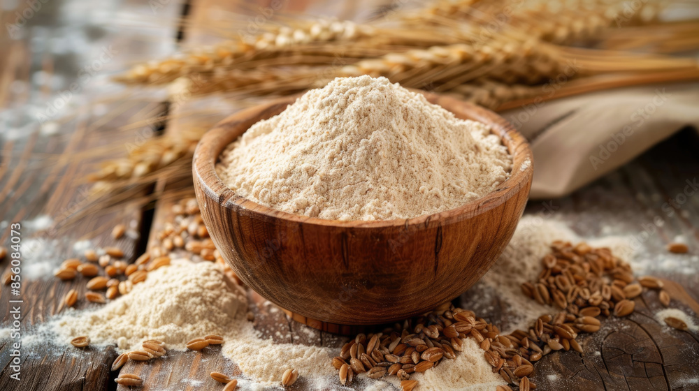 Organic wheat and wheat flour bowl with copy space Organic wheat and wheat flour bowl with copy space