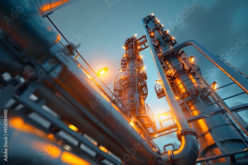 Illuminated Industrial Oil Refinery Platform at Sunset with Reflecting Sky