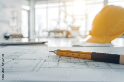 Engineering Workplace with Blueprint,Hard Hat,and Construction Tools on Desk