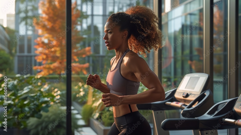 Fototapeta premium A woman running on a treadmill in a sleek indoor gym, sporting a matching sports bra and leggings set The attire is designed for high-intensity workouts, with features like breathable mesh panels and
