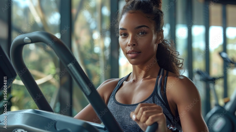 A woman performing a cardio workout on an elliptical machine, dressed in a matching sports bra and leggings set The activewear is designed for high-intensity cardio, offering breathability and A woman performing a cardio workout on an elliptical machine, dressed in a matching sports bra and leggings set The activewear is designed for high-intensity cardio, offering breathability and
