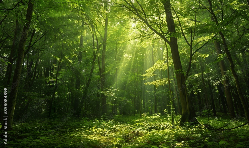 An enchanting forest, dense with lush green trees, sunlight filtering through leaves, untouched natural landscape, no people An enchanting forest, dense with lush green trees, sunlight filtering through leaves, untouched natural landscape, no people