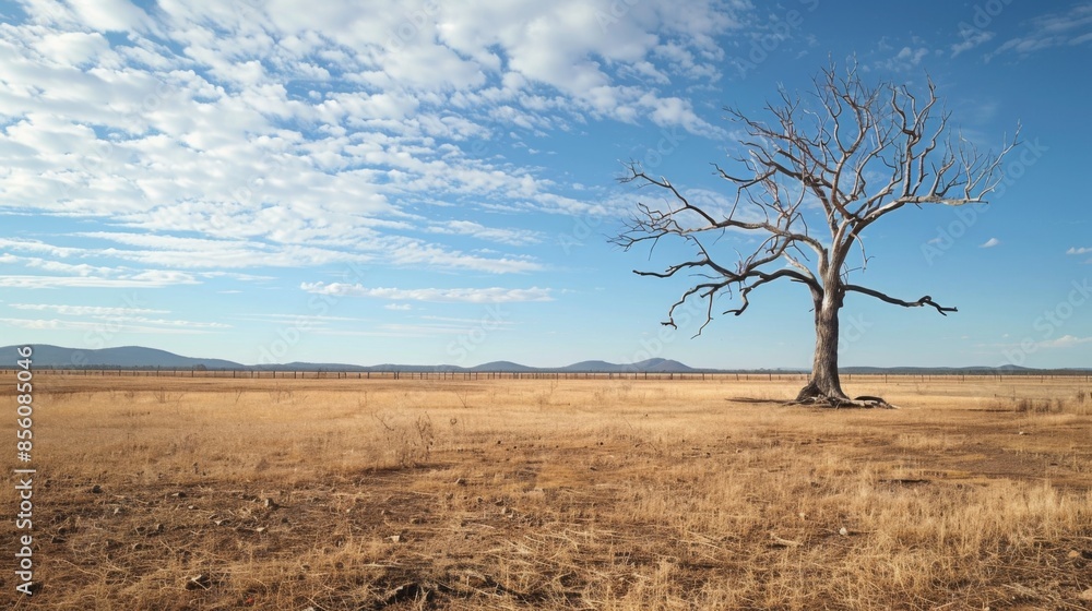 A lone, dried-up tree standing in the middle of a barren, drought-stricken field. A lone, dried-up tree standing in the middle of a barren, drought-stricken field.