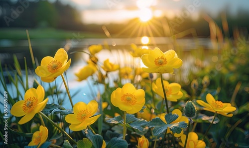 Spring background with yellow flowering plants of gold color in early spring Beautiful yellow flowers The splendor of marsh photo