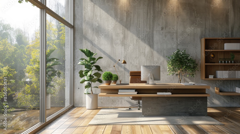 A modern office with a large window and a desk with a computer A modern office with a large window and a desk with a computer