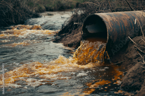 Untreated sewage water pouring out of an old pipe into a river. This illustrates the concept of waste management, environmental management, recycling and environmental protection. © Mark G