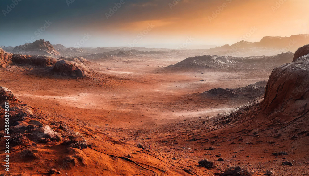 Naklejka premium Mars' surface shows a dry, barren landscape with reddish-brown hues, rocky terrain, and dust-filled atmosphere, highlighting the planet's desolate and uninhabitable environment