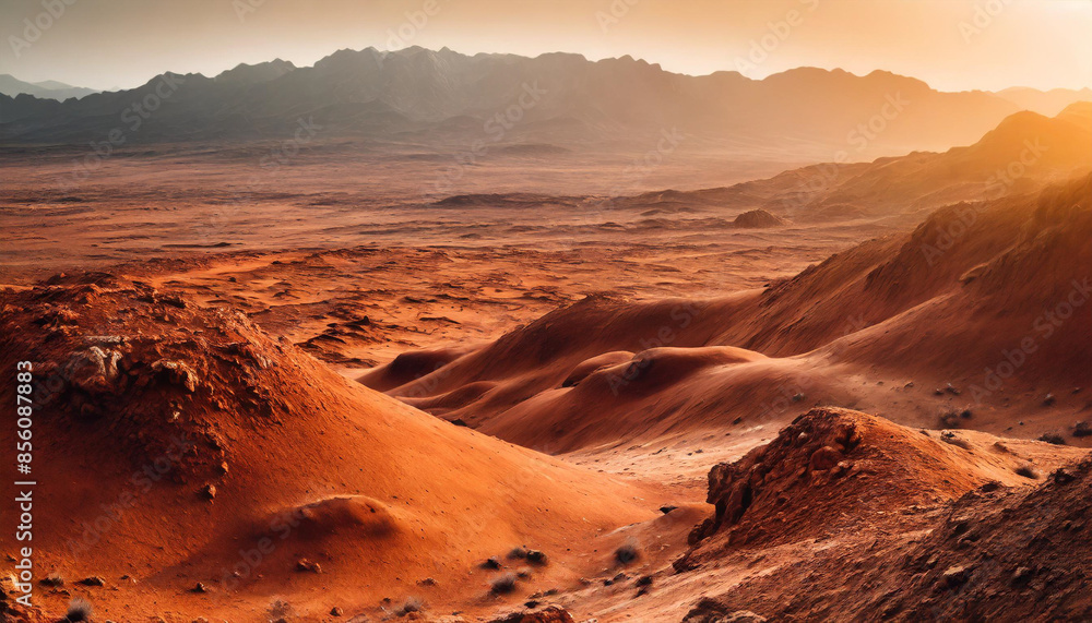 Mars' surface shows a dry, barren landscape with reddish-brown hues, rocky terrain, and dust-filled atmosphere, highlighting the planet's desolate and uninhabitable environment Mars' surface shows a dry, barren landscape with reddish-brown hues, rocky terrain, and dust-filled atmosphere, highlighting the planet's desolate and uninhabitable environment