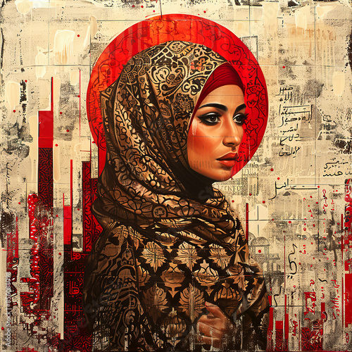 Abstract painting Islamic woman with hijab. Beautiful painting muslim girl. photo