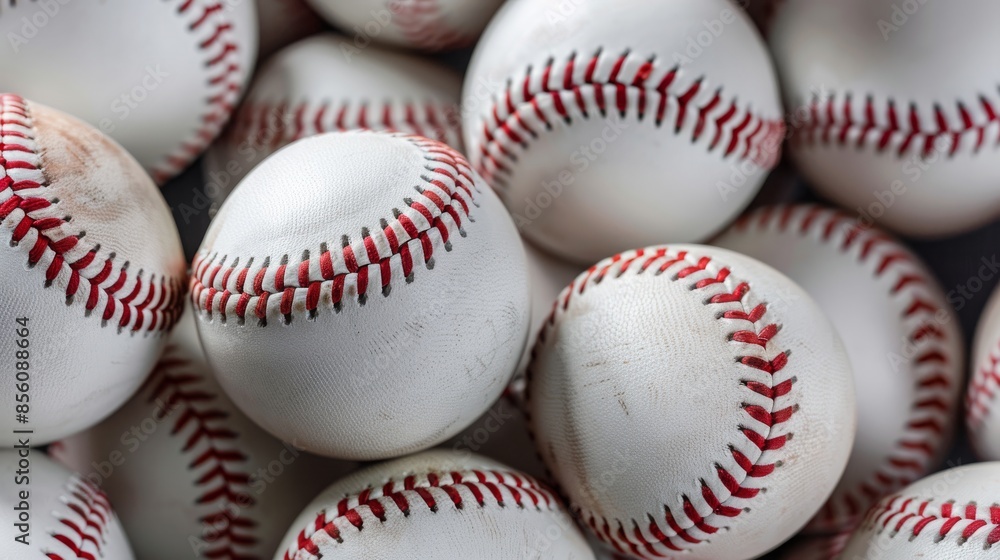 Close-up of white baseballs with red stitching, 16:9 Close-up of white baseballs with red stitching, 16:9