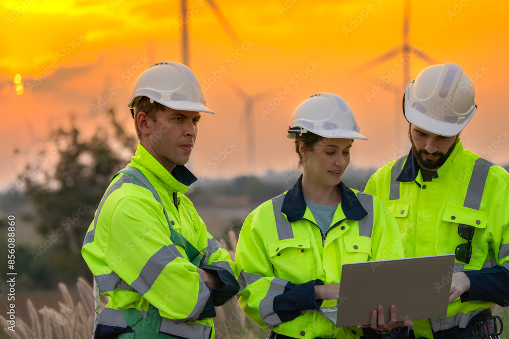 Team Engineers men and woman checking and inspecting on construction with sunset sky. people operation. Wind turbine for electrical of clean energy and environment. Industrial of sustainable. Team Engineers men and woman checking and inspecting on construction with sunset sky. people operation. Wind turbine for electrical of clean energy and environment. Industrial of sustainable.