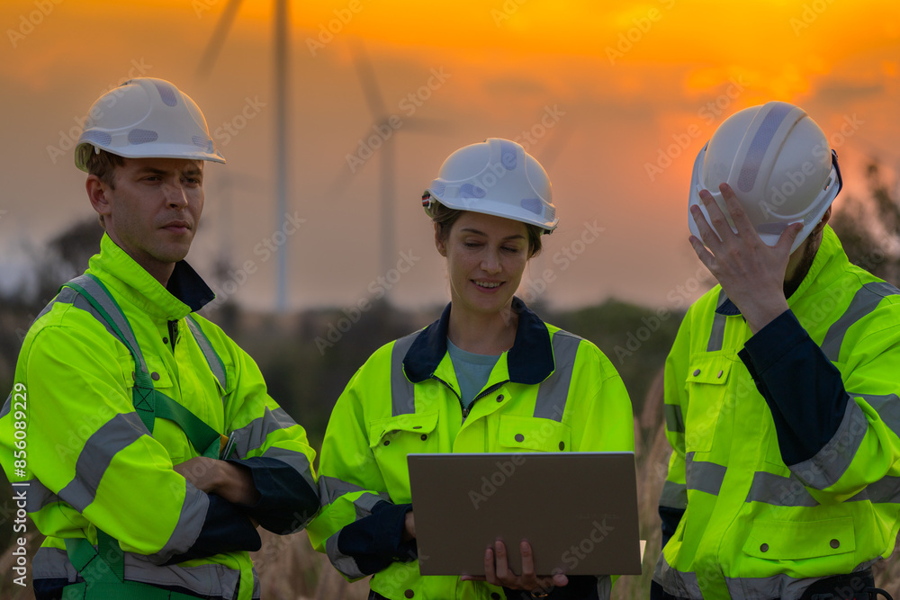 Team Engineers men and woman checking and inspecting on construction with sunset sky. people operation. Wind turbine for electrical of clean energy and environment. Industrial of sustainable. Team Engineers men and woman checking and inspecting on construction with sunset sky. people operation. Wind turbine for electrical of clean energy and environment. Industrial of sustainable.