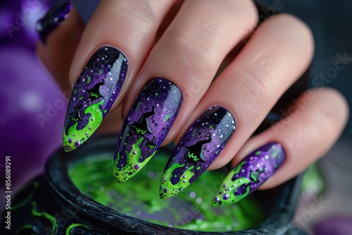 Witchy Halloween Nail Art with Black Cats and Green Potion photo