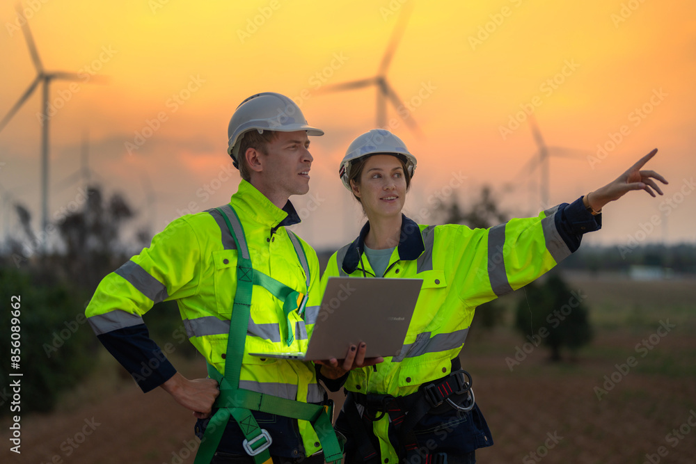Team Engineers men and woman checking and inspecting on construction with sunset sky. people operation. Wind turbine for electrical of clean energy and environment. Industrial of sustainable. Team Engineers men and woman checking and inspecting on construction with sunset sky. people operation. Wind turbine for electrical of clean energy and environment. Industrial of sustainable.