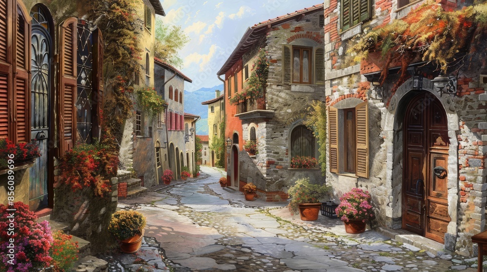Fototapeta premium Italian village with a quiet cobblestone street surrounded by historic facades, 16:9