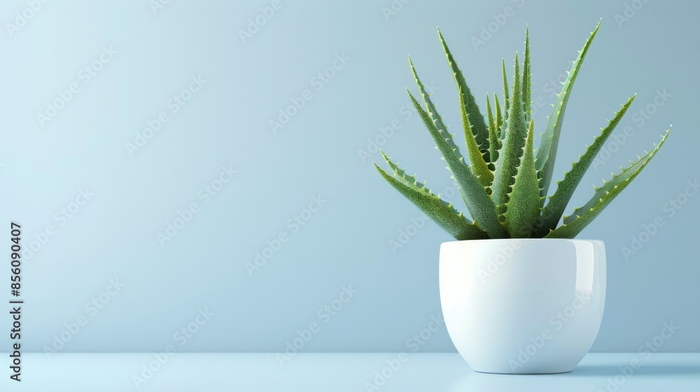 Aloe vera plant in white ceramic pot on blue background, minimalistic design. Home decor and indoor gardening concept Aloe vera plant in white ceramic pot on blue background, minimalistic design. Home decor and indoor gardening concept