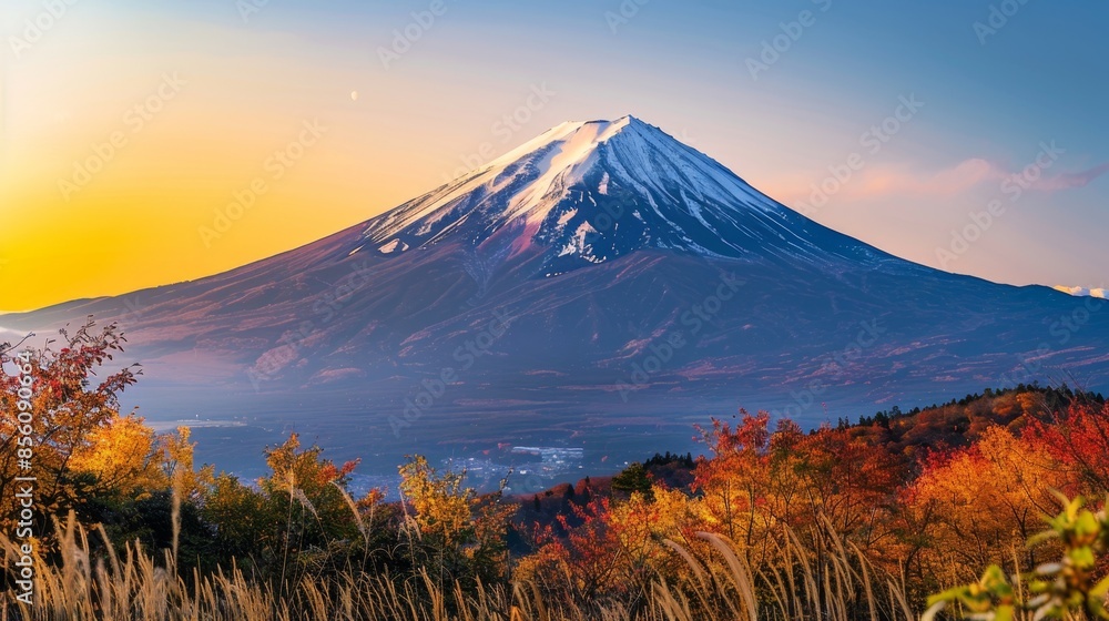 Fototapeta premium Mount Fuji at Sunrise in Autumn, Generative AI