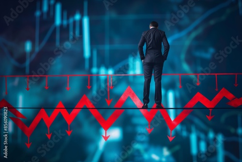 Financial investment volatility, up and down arrows profit graph due to Coronavirus crisis, businessman trying to balance like a tightrope walker so that volatility does not gobble up his investments