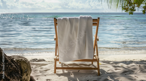 Fototapeta Naklejka Na Ścianę i Meble -  A wooden beach chair with a white towel draped over it, facing the sunny, sparkling ocean water, ideal for relaxation.