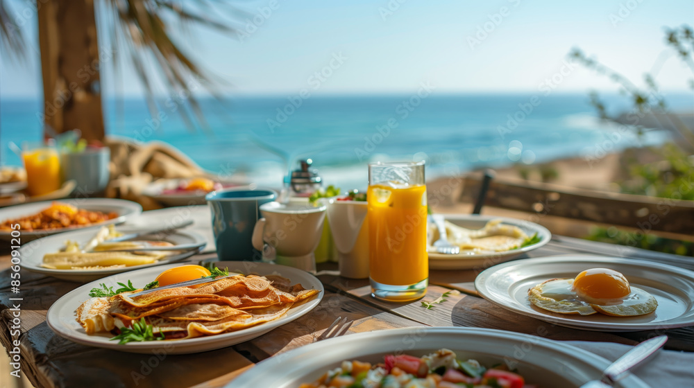A delightful breakfast spread on a wooden table by the beach, featuring fresh juice, eggs, and pancakes with a stunning ocean view.
A delightful breakfast spread on a wooden table by the beach, featuring fresh juice, eggs, and pancakes with a stunning ocean view.