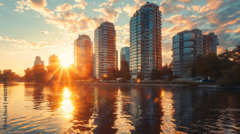 High-rise buildings on a riverfront during golden hour, with the sunlight casting a warm glow. High-rise buildings on a riverfront during golden hour, with the sunlight casting a warm glow.