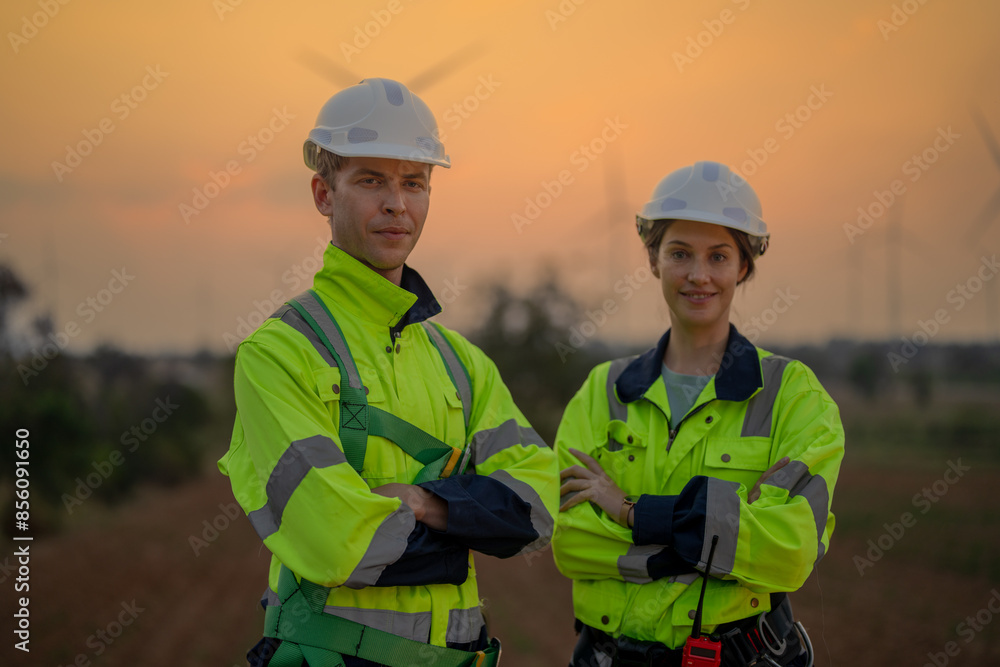 Team Engineers men and woman checking and inspecting on construction with sunset sky. people operation. Wind turbine for electrical of clean energy and environment. Industrial of sustainable. Team Engineers men and woman checking and inspecting on construction with sunset sky. people operation. Wind turbine for electrical of clean energy and environment. Industrial of sustainable.