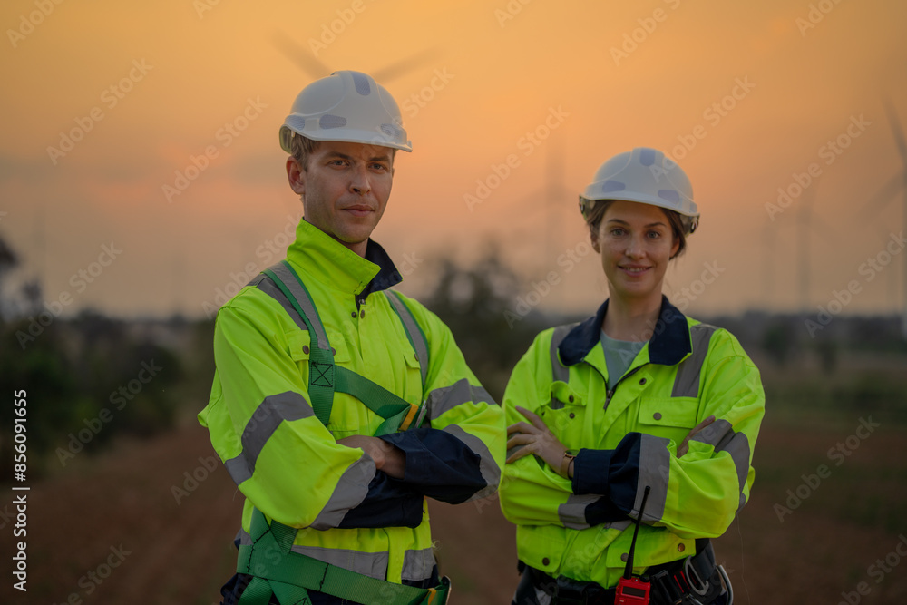 Team Engineers men and woman checking and inspecting on construction with sunset sky. people operation. Wind turbine for electrical of clean energy and environment. Industrial of sustainable. Team Engineers men and woman checking and inspecting on construction with sunset sky. people operation. Wind turbine for electrical of clean energy and environment. Industrial of sustainable.