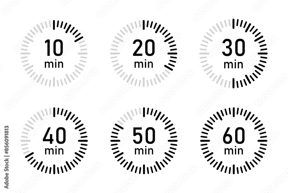 From 10 minutes to 60 minutes on stopwatch vector icon set in flat design. Countdown sign business concept. 10, 20, 30, 40, 50, 60 minutes timer, clock vector icon set. Vector illustration. From 10 minutes to 60 minutes on stopwatch vector icon set in flat design. Countdown sign business concept. 10, 20, 30, 40, 50, 60 minutes timer, clock vector icon set. Vector illustration.