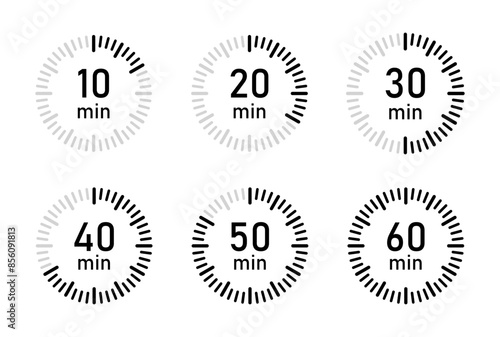 From 10 minutes to 60 minutes on stopwatch vector icon set in flat design. Countdown sign business concept. 10, 20, 30, 40, 50, 60 minutes timer, clock vector icon set. Vector illustration.