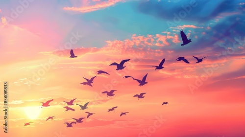 Fototapeta Naklejka Na Ścianę i Meble -  Silhouettes of a flock of birds flying across a colorful sunset sky.