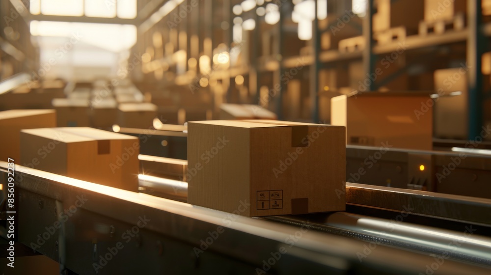 Packages Moving on a Conveyor Belt in a Warehouse Packages Moving on a Conveyor Belt in a Warehouse