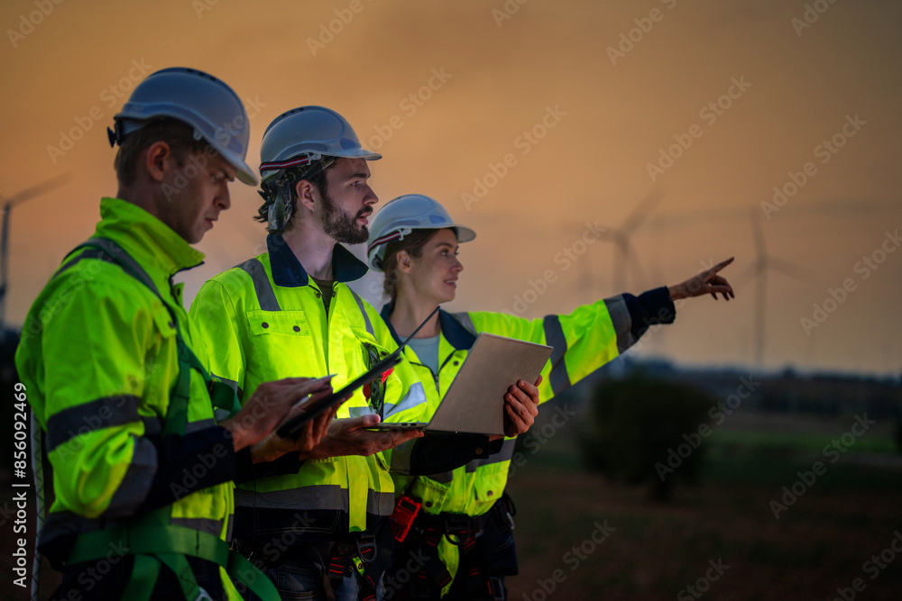 Team Engineers men and woman checking and inspecting on construction with sunset sky. people operation. Wind turbine for electrical of clean energy and environment. Industrial of sustainable. Team Engineers men and woman checking and inspecting on construction with sunset sky. people operation. Wind turbine for electrical of clean energy and environment. Industrial of sustainable.