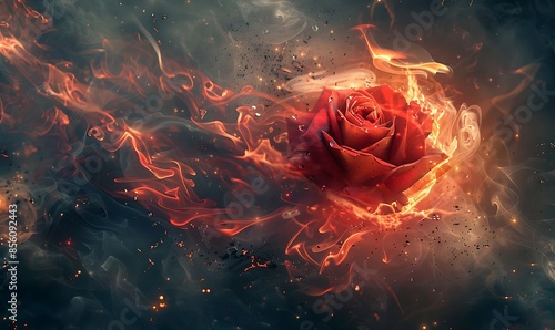Fototapeta Naklejka Na Ścianę i Meble -  An abstract depiction of a red flaming rose surrounded by swirling smoke, ashes, and glowing embers, creating a surreal and fantasy-inspired image