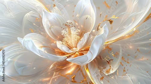 an image of a gold flower by white, in the style of fluid dynamic brushwork, soft renderings, uhd image, light white and light crimson, rococo pastel, translucent overlapping lighting, Generative Ai