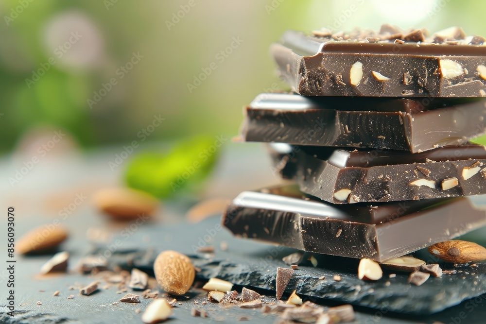 A Close-Up of Rich Dark Chocolate Bars with Almonds A Close-Up of Rich Dark Chocolate Bars with Almonds