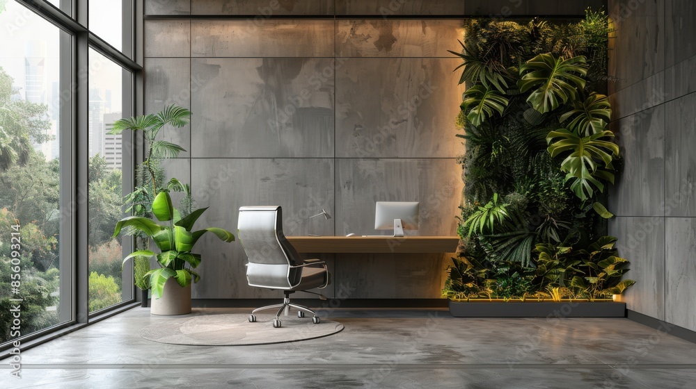 A modern office with a large plant wall and a desk with a computer and a chair A modern office with a large plant wall and a desk with a computer and a chair