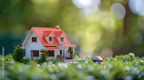 Miniature House and Car in a Lush Garden