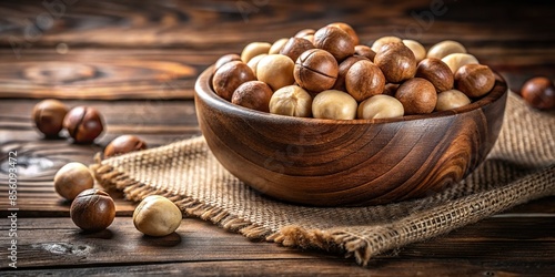 Macadamia nuts in a rustic wooden bowl isolated on background, macadamia, nuts, wooden bowl, isolated,food, snack, healthy