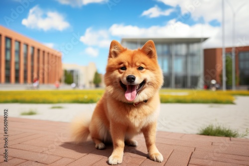 Portrait of a happy finnish spitz isolated on modern university campus background photo