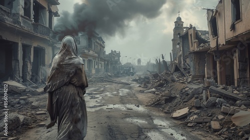 Devastated cityscape  ruined buildings, demolished church, elderly woman in tattered attire walking photo