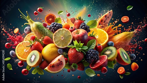 Fruit explosion with vibrant colors and cinematic lighting, fruit, explosion, colorful, vibrant, cinematic, lighting, food, fresh photo