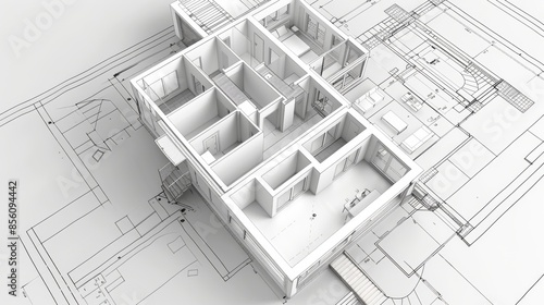 Architectural Model of a Modern House on Blueprint