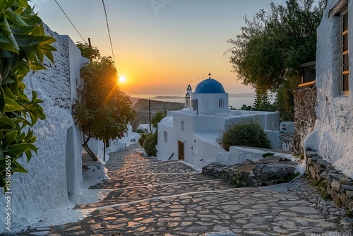 Malerische Straße in einem traditionellen griechischen Dorf bei Sonnenuntergang photo