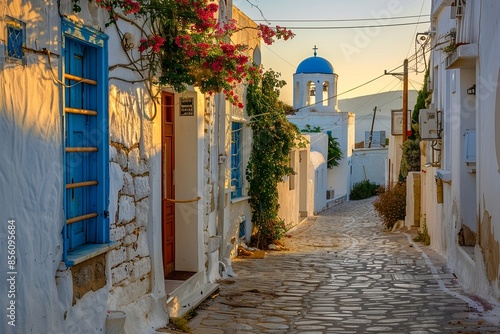 Malerische Straße in einem traditionellen griechischen Dorf bei Sonnenuntergang photo