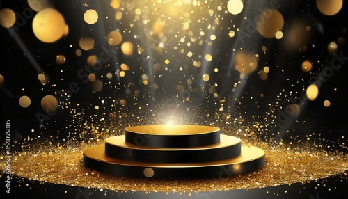  Background black podium stage gold award glitter light 3d platform product golden pedestal