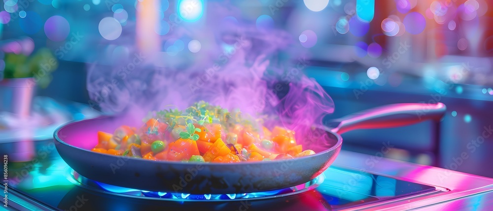 A vibrant and colorful stir-fry dish cooking in a pan with vegetables and steam, creating a delicious and appetizing scene. A vibrant and colorful stir-fry dish cooking in a pan with vegetables and steam, creating a delicious and appetizing scene.