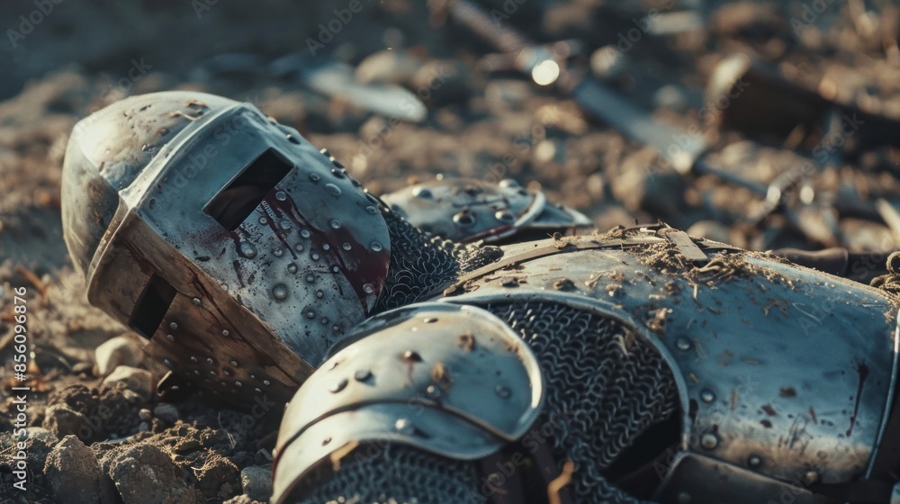 Obraz premium Close-up of a knight's battle-worn helmet